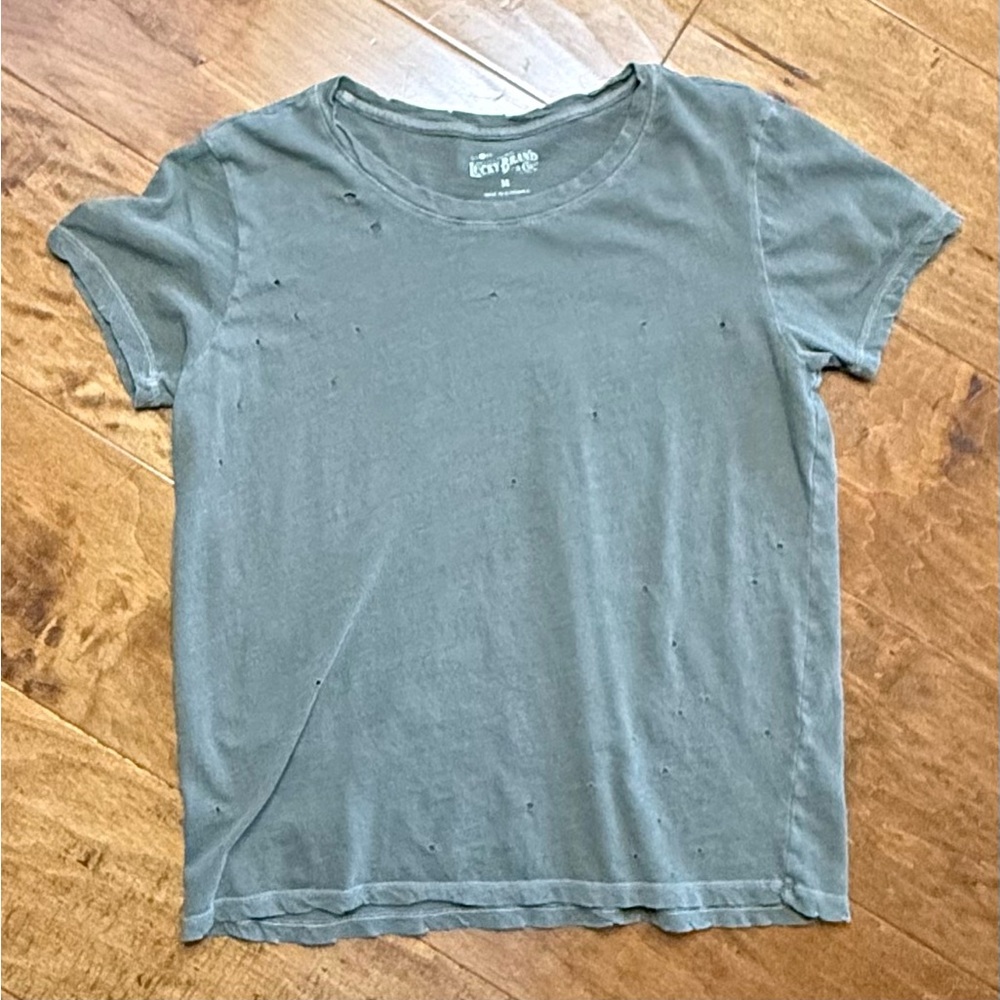 Lucky Brand Distressed Tee Olive Green Soft Grunge Basic T Shirt M